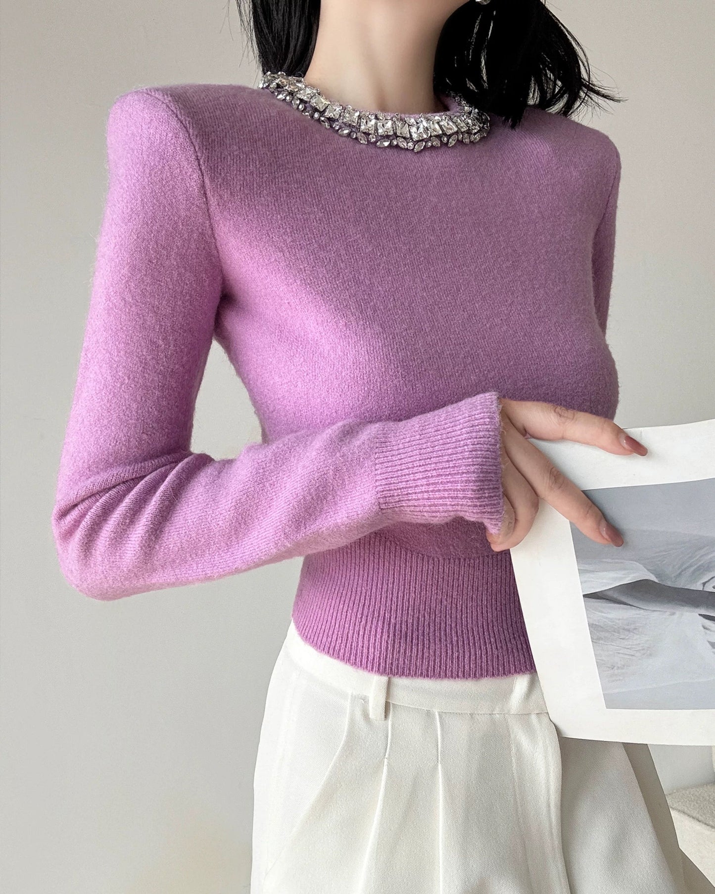 Embellished Pearl Collar Knit Top 00550