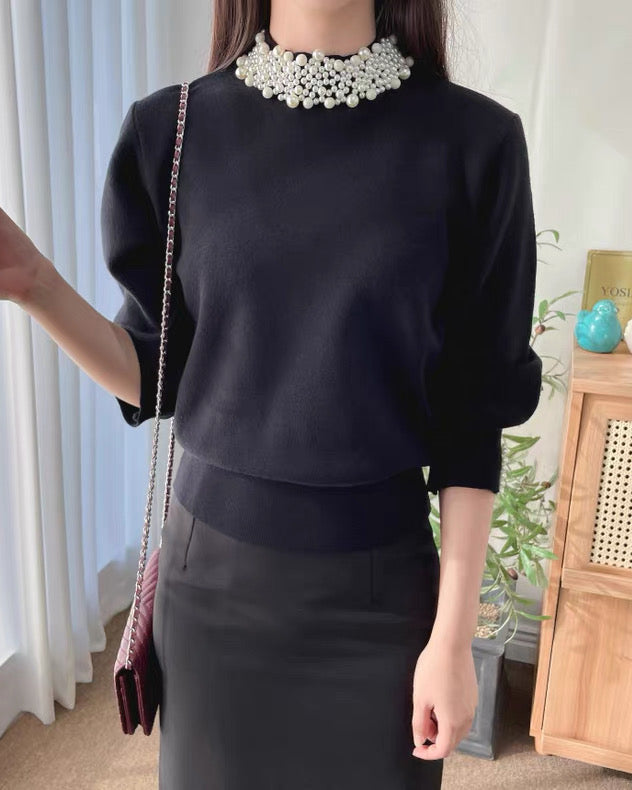 Pearl Collar Knit Top 00421