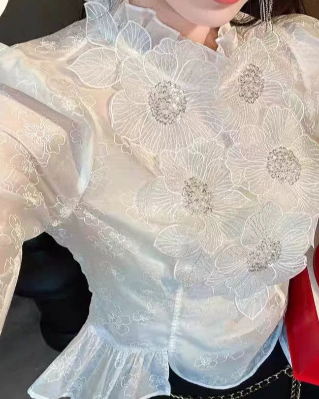 Flower Embroidery Sheer Top 00024