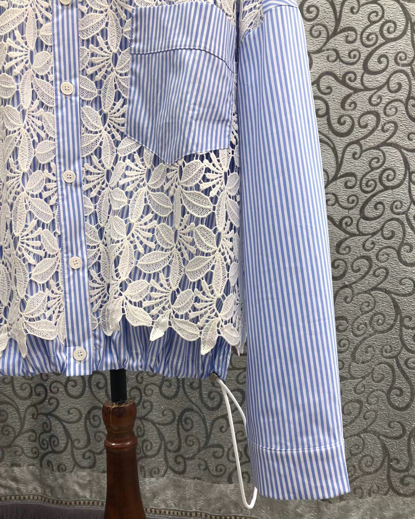 Lace Overlay Stripe Blouse 00418