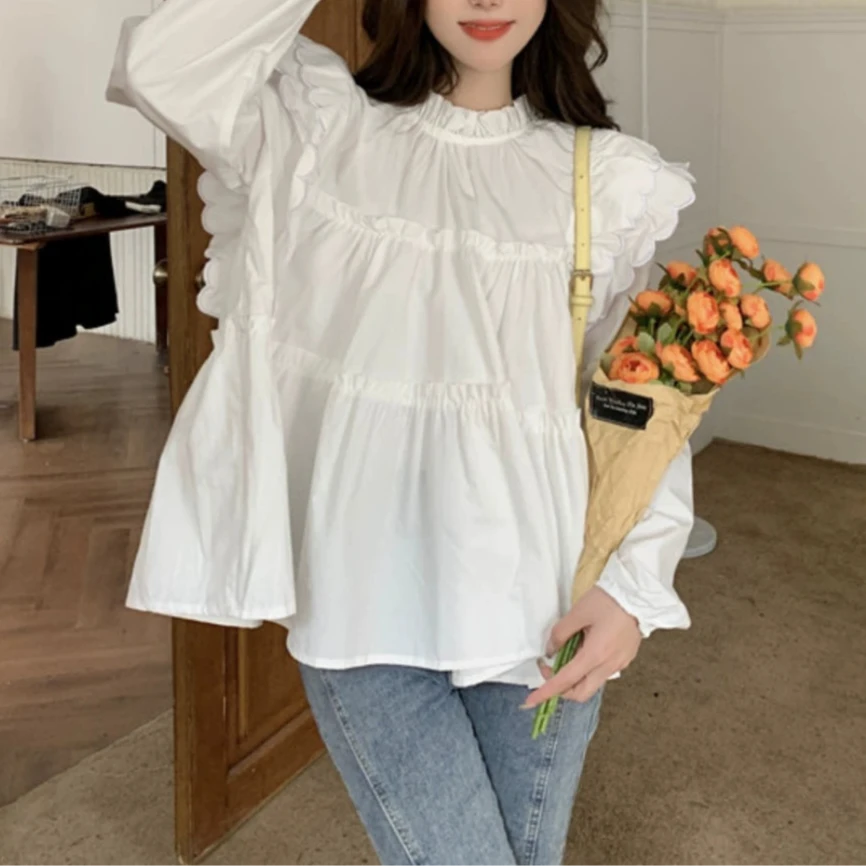 Ruffle Sholder Long Sleeve Top 00007