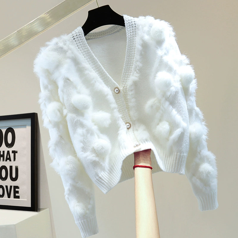 V-neck Long-sleeved Fur Cardigan 00116