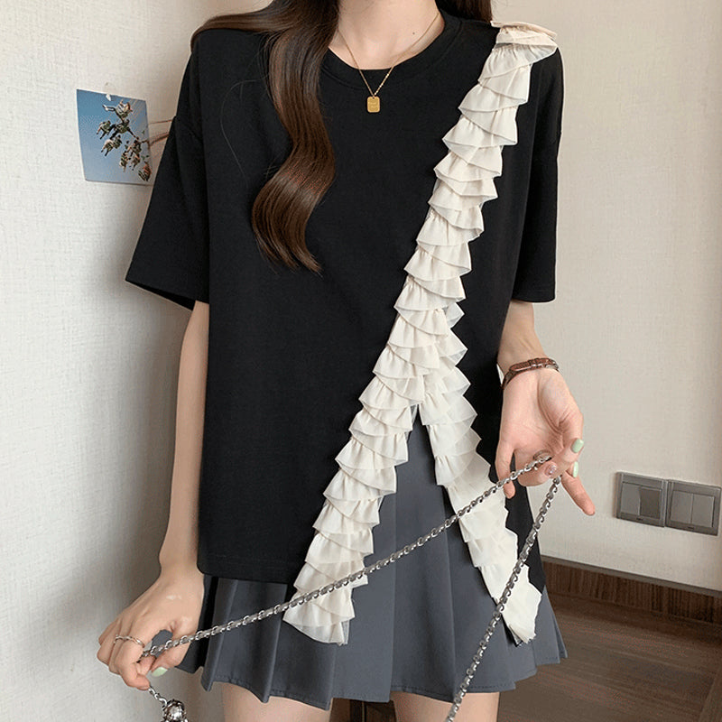 Asymmetrical Ruffle Ribbon Tee 00212