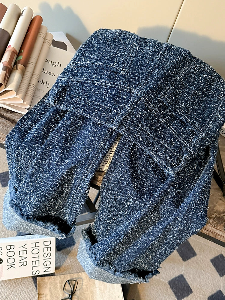 Tweed High Waist Straight Denim Pants 00090