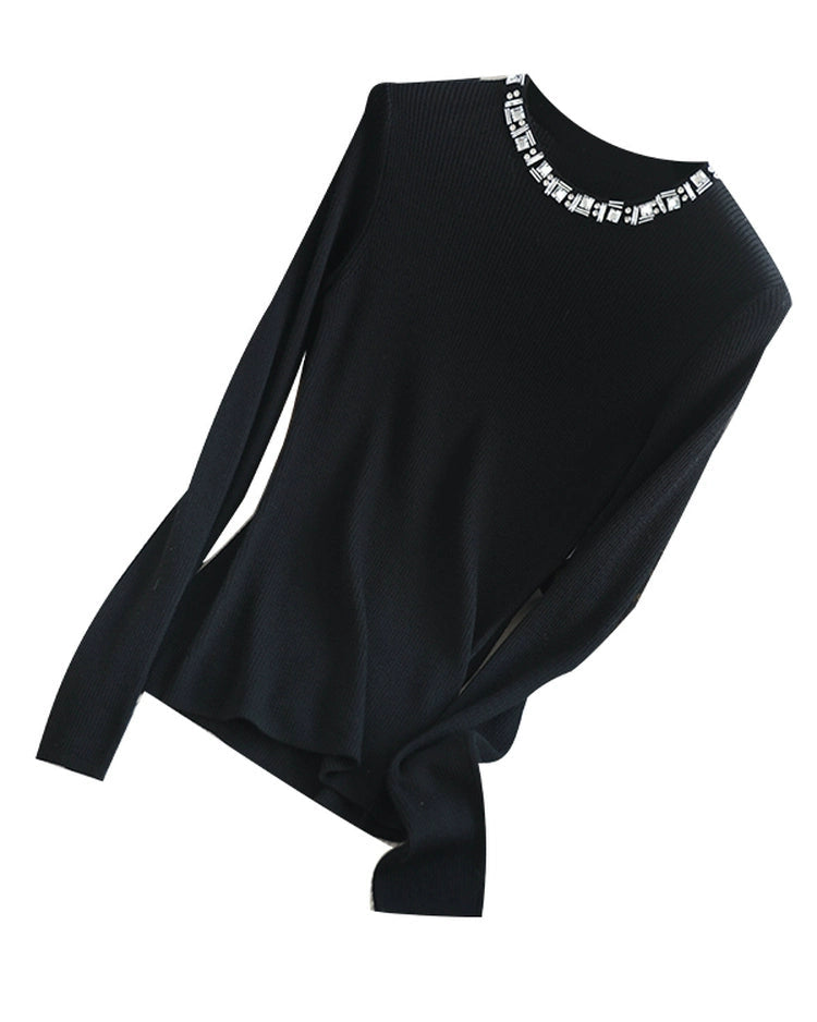 Rhinestone-Trim Mock Neck Knit Top 00542