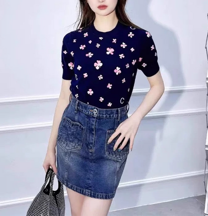 Summer Short-sleeved Sweater with Four-leaf Clover 00098