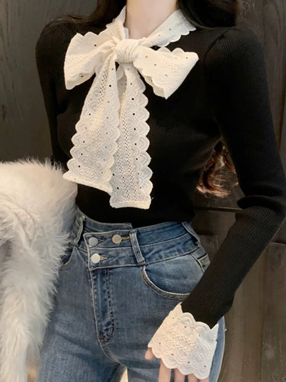 Scalloped Bow Tie Long Sleeve Top 00111