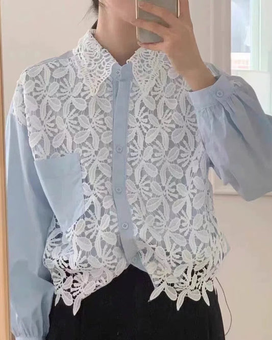 Lace Overlay Stripe Blouse 00418