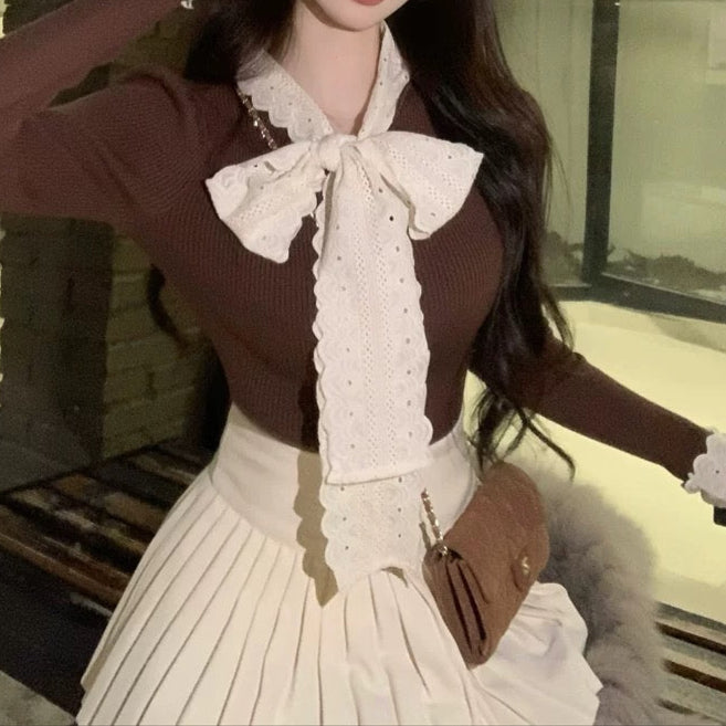 Scalloped Bow Tie Long Sleeve Top 00111