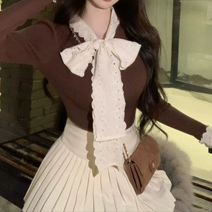 Scalloped Bow Tie Long Sleeve Top 00111