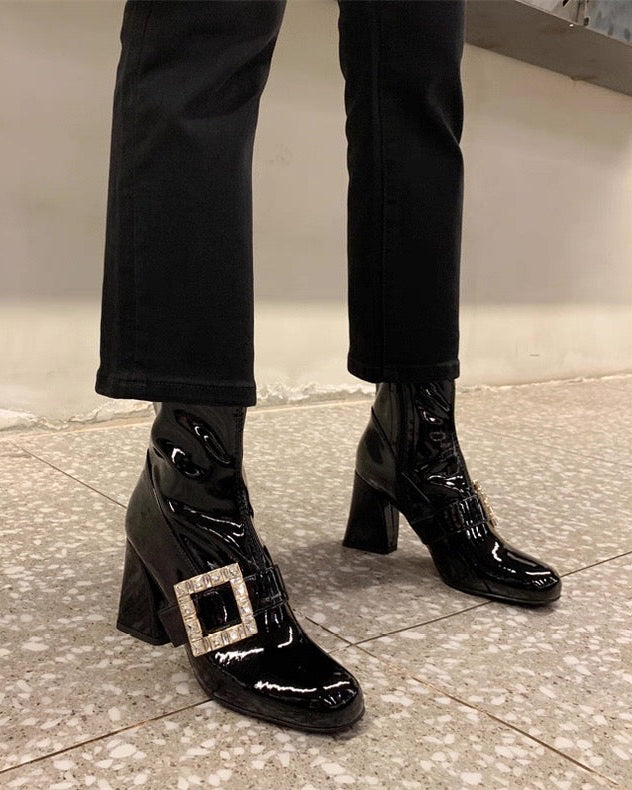 Crystal Buckle Patent Boots 00427