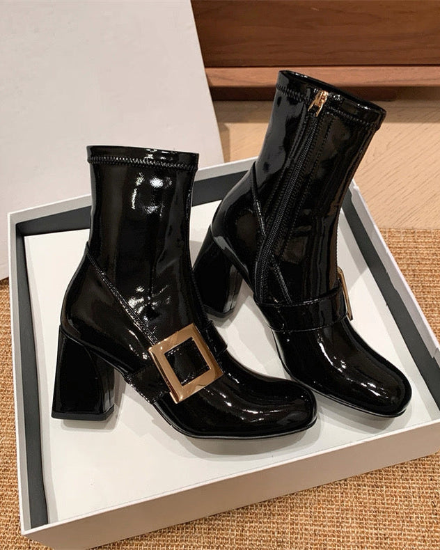 Crystal Buckle Patent Boots 00427