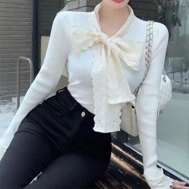 Scalloped Bow Tie Long Sleeve Top 00111