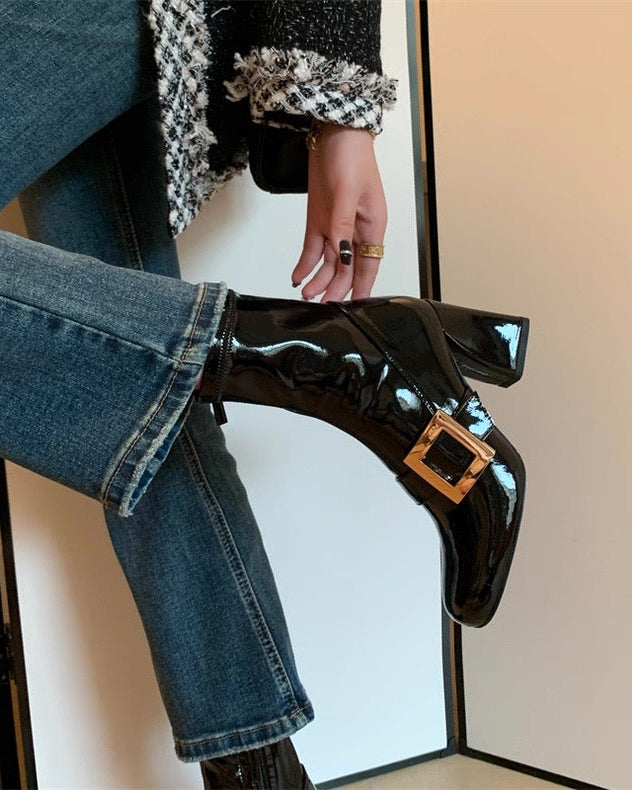 Crystal Buckle Patent Boots 00427