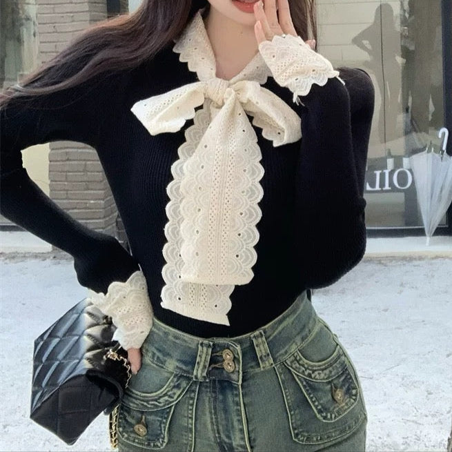 Scalloped Bow Tie Long Sleeve Top 00111