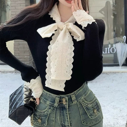 Scalloped Bow Tie Long Sleeve Top 00111