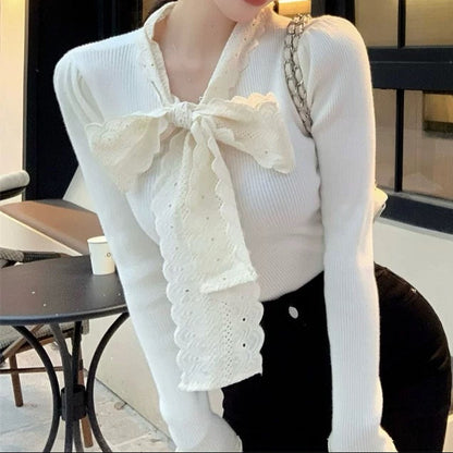 Scalloped Bow Tie Long Sleeve Top 00111