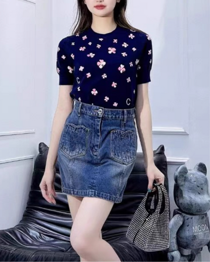 Summer Short-sleeved Sweater with Four-leaf Clover 00098