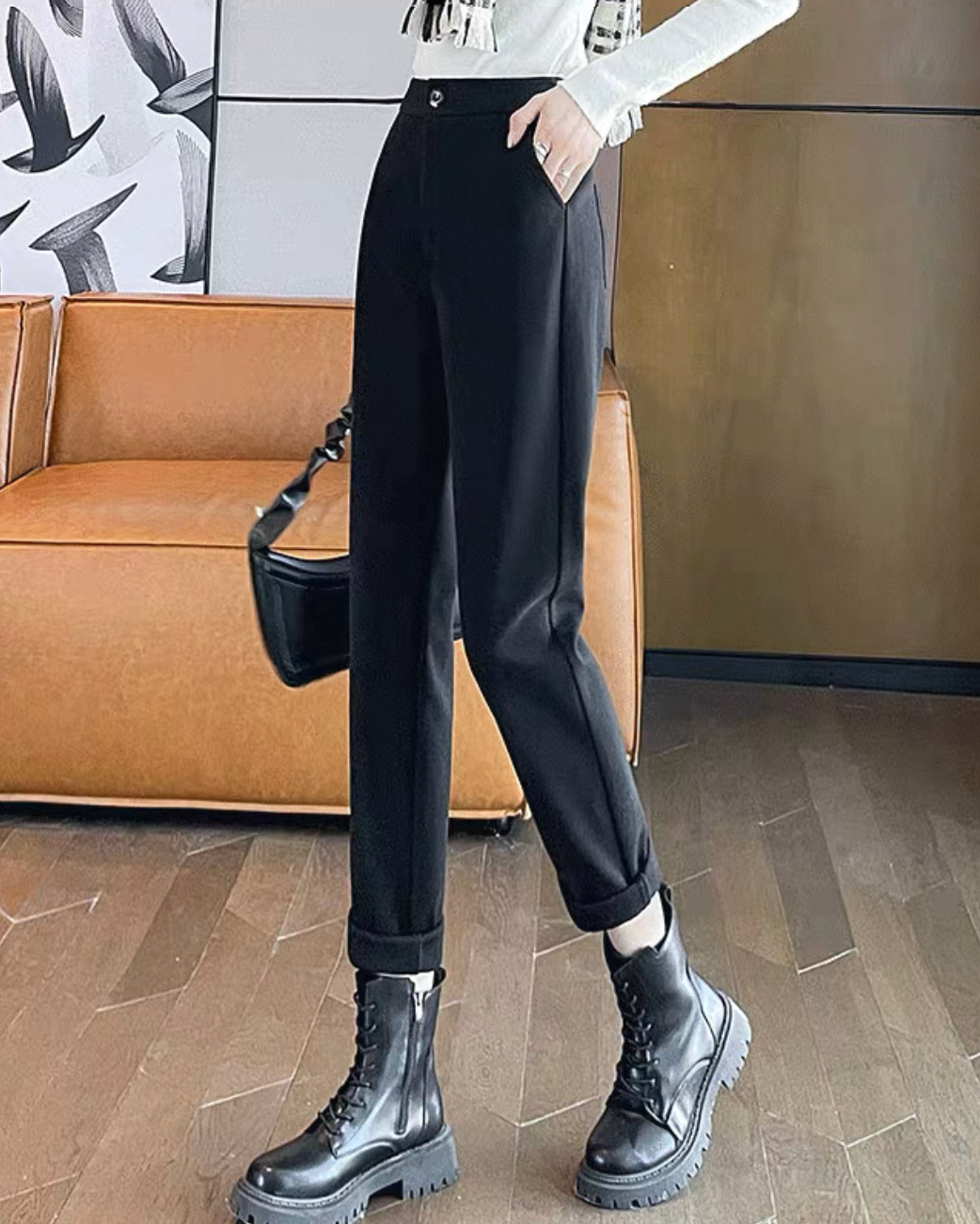 Fleece-Lined Cuffed Tapered Pants 00496