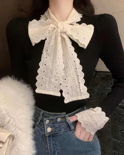 Scalloped Bow Tie Long Sleeve Top 00111