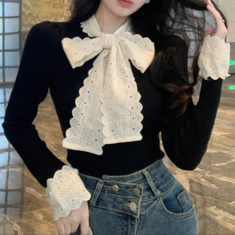 Scalloped Bow Tie Long Sleeve Top 00111