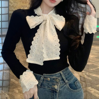 Scalloped Bow Tie Long Sleeve Top 00111