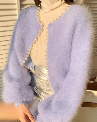 Fuzzy Pearl Trim Cropped Knit Cardigan 00567