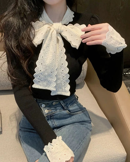Scalloped Bow Tie Long Sleeve Top 00111