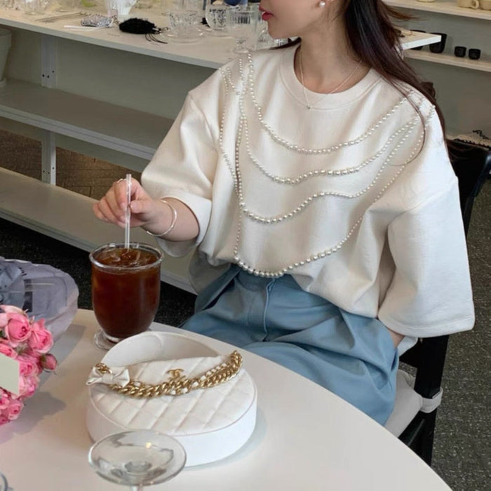 Decorative Pearl Detail Galf Sleeve Top 00278