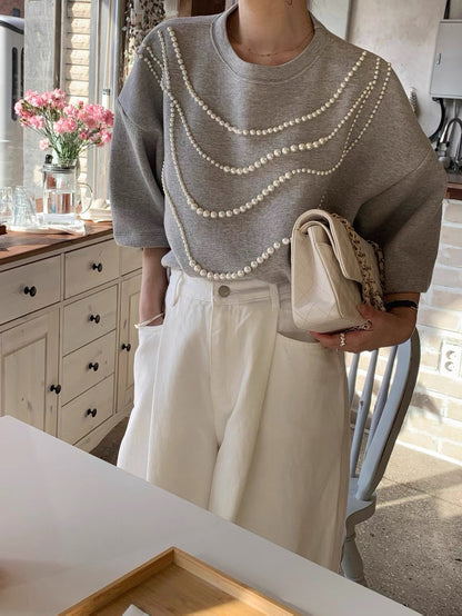 Decorative Pearl Detail Galf Sleeve Top 00278