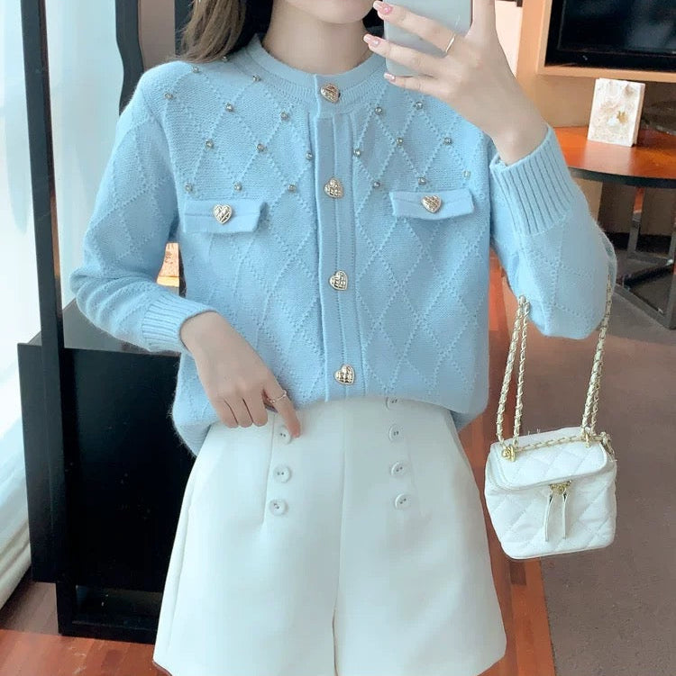 Diamond Knit Cardigan with Heart Button 00347