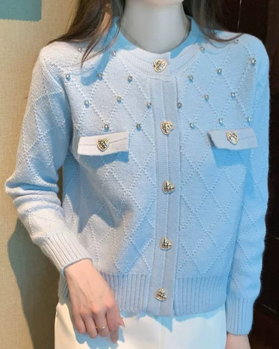 Diamond Knit Cardigan with Heart Button 00347
