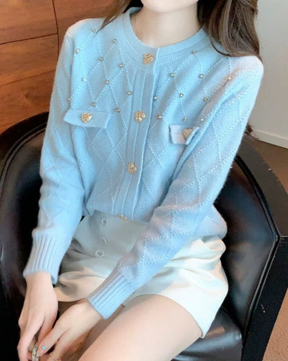 Diamond Knit Cardigan with Heart Button 00347