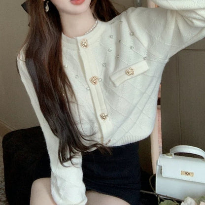 Diamond Knit Cardigan with Heart Button 00347