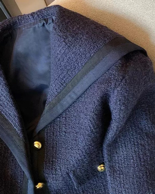 Navy Sailor-Collar Tweed Jacket 00346