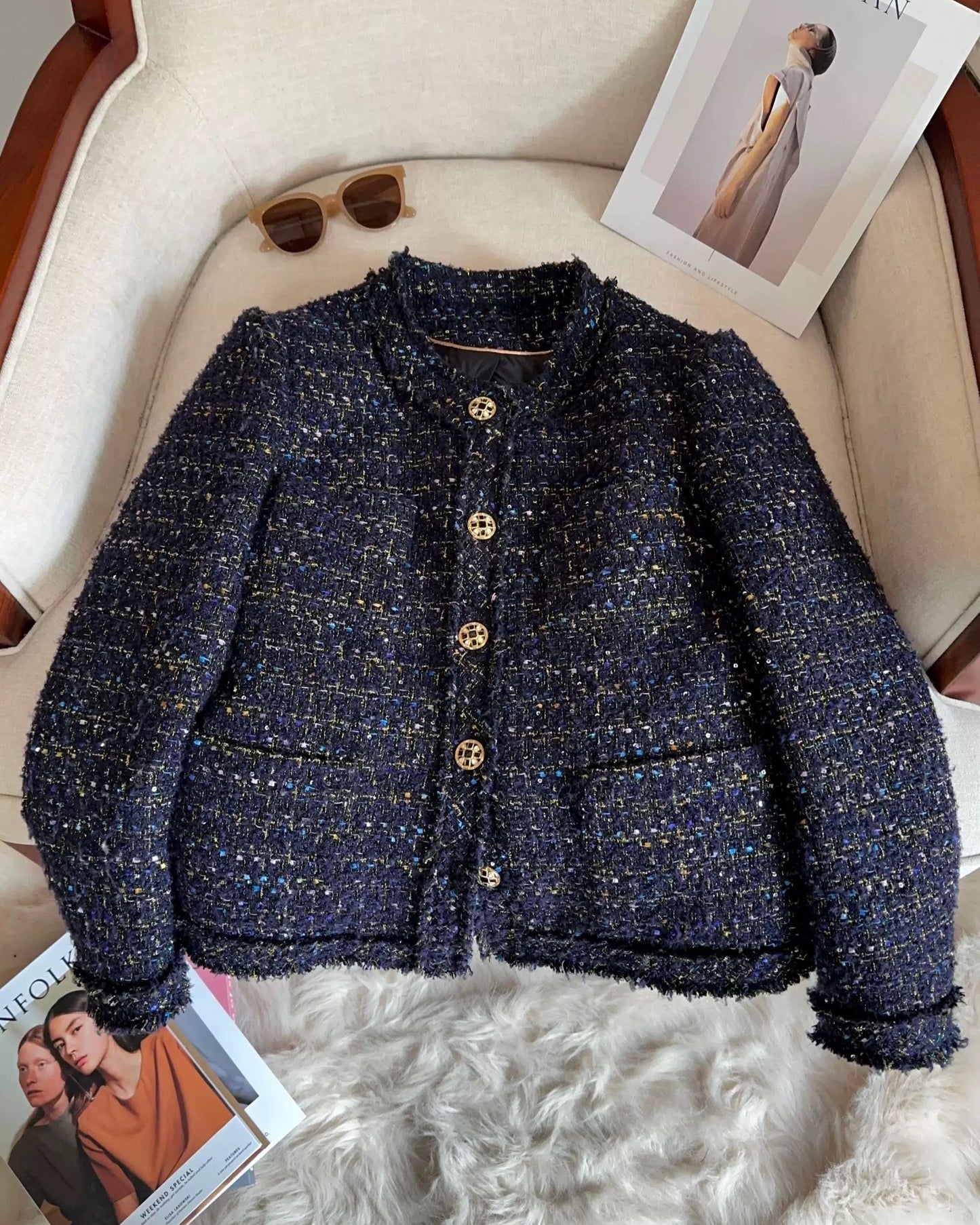 Midnight Blue Textured Tweed Blazer 00148