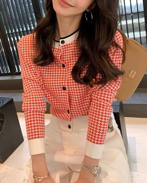 Chic Houndstooth Knit Cardigan 00426