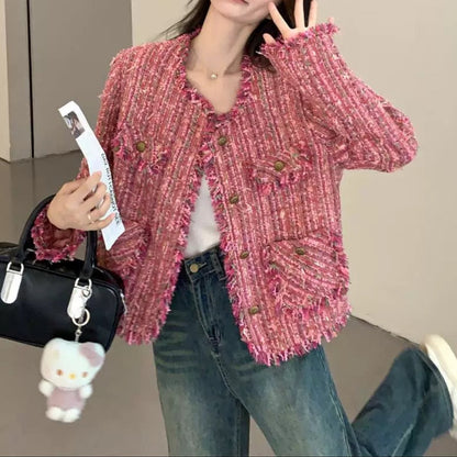 Bold Pink Frayed Tweed Jacket 00189