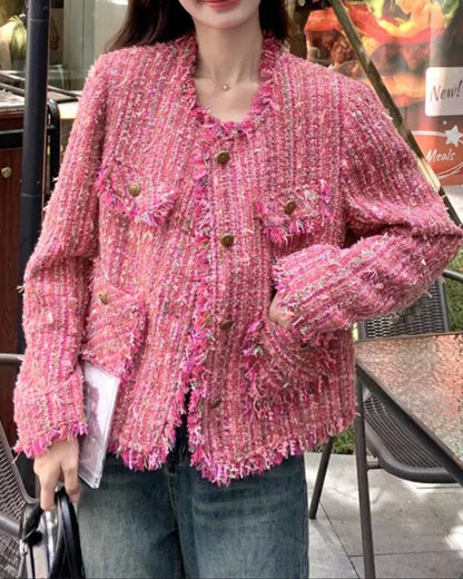 Bold Pink Frayed Tweed Jacket 00189