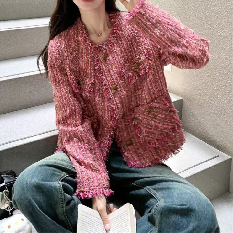 Bold Pink Frayed Tweed Jacket 00189