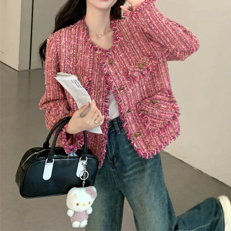 Bold Pink Frayed Tweed Jacket 00189