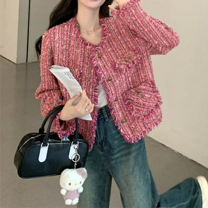 Bold Pink Frayed Tweed Jacket 00189