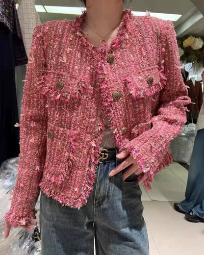 Bold Pink Frayed Tweed Jacket 00189
