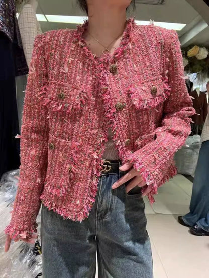 Bold Pink Frayed Tweed Jacket 00189