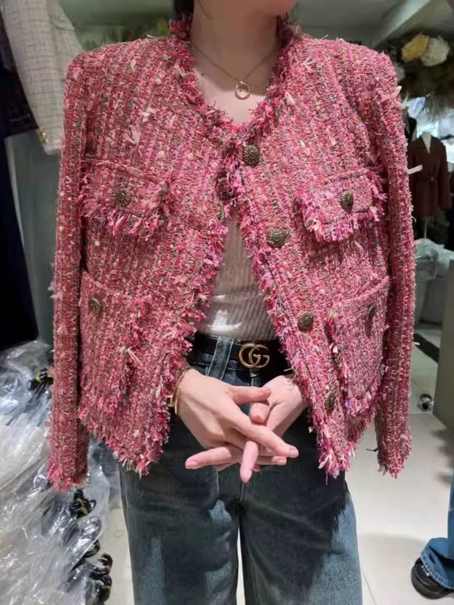 Bold Pink Frayed Tweed Jacket 00189