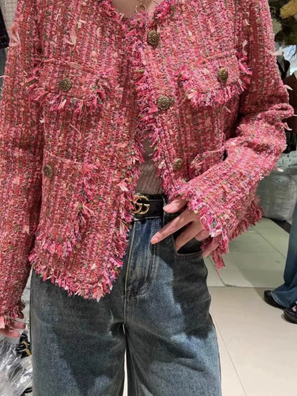 Bold Pink Frayed Tweed Jacket 00189