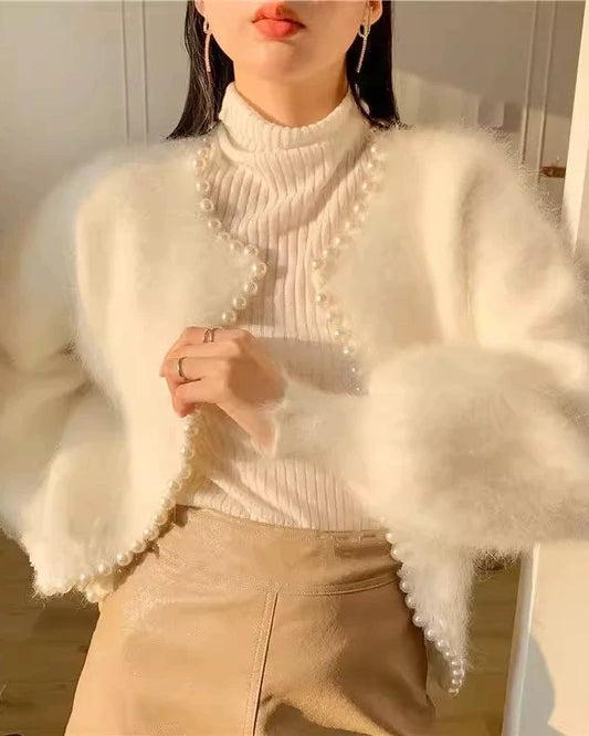 Fuzzy Pearl Trim Cropped Knit Cardigan 00567