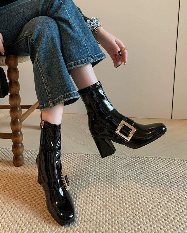Crystal Buckle Patent Boots 00427