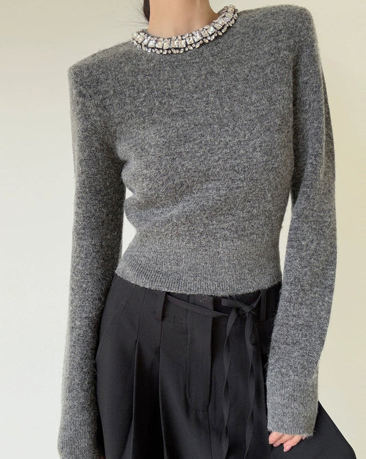 Embellished Pearl Collar Knit Top 00550