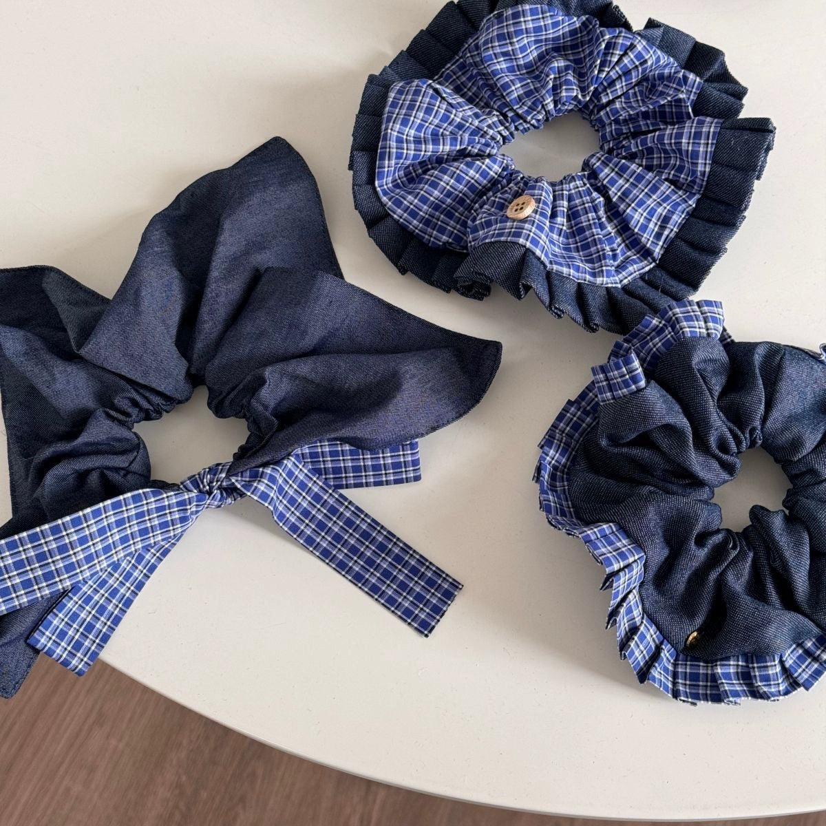 Blue White Plaid Denim Hair Tie 00130